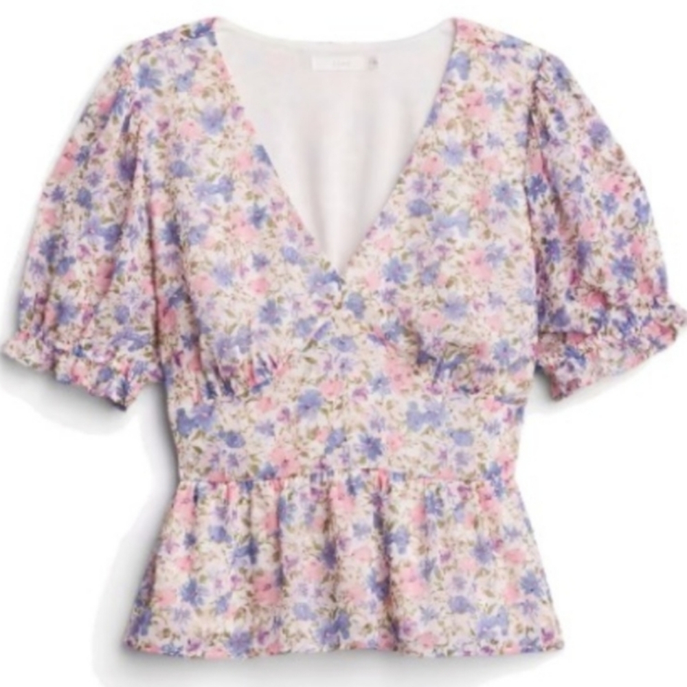 Lush peplum floral top with puffy gathered short sleeves 3X